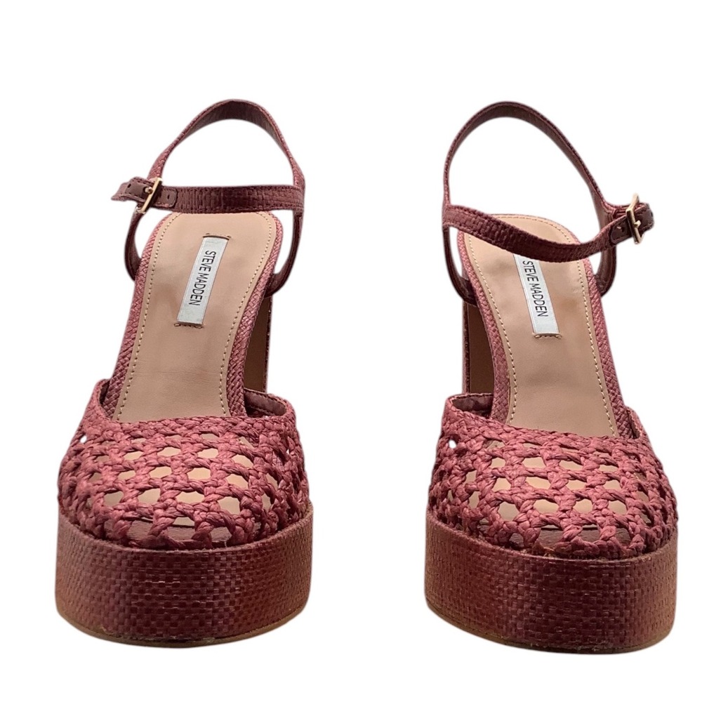 Steve Madden Lexie-Raff Burgundy Woven Raffia Platform Block Heel Sandals 7M